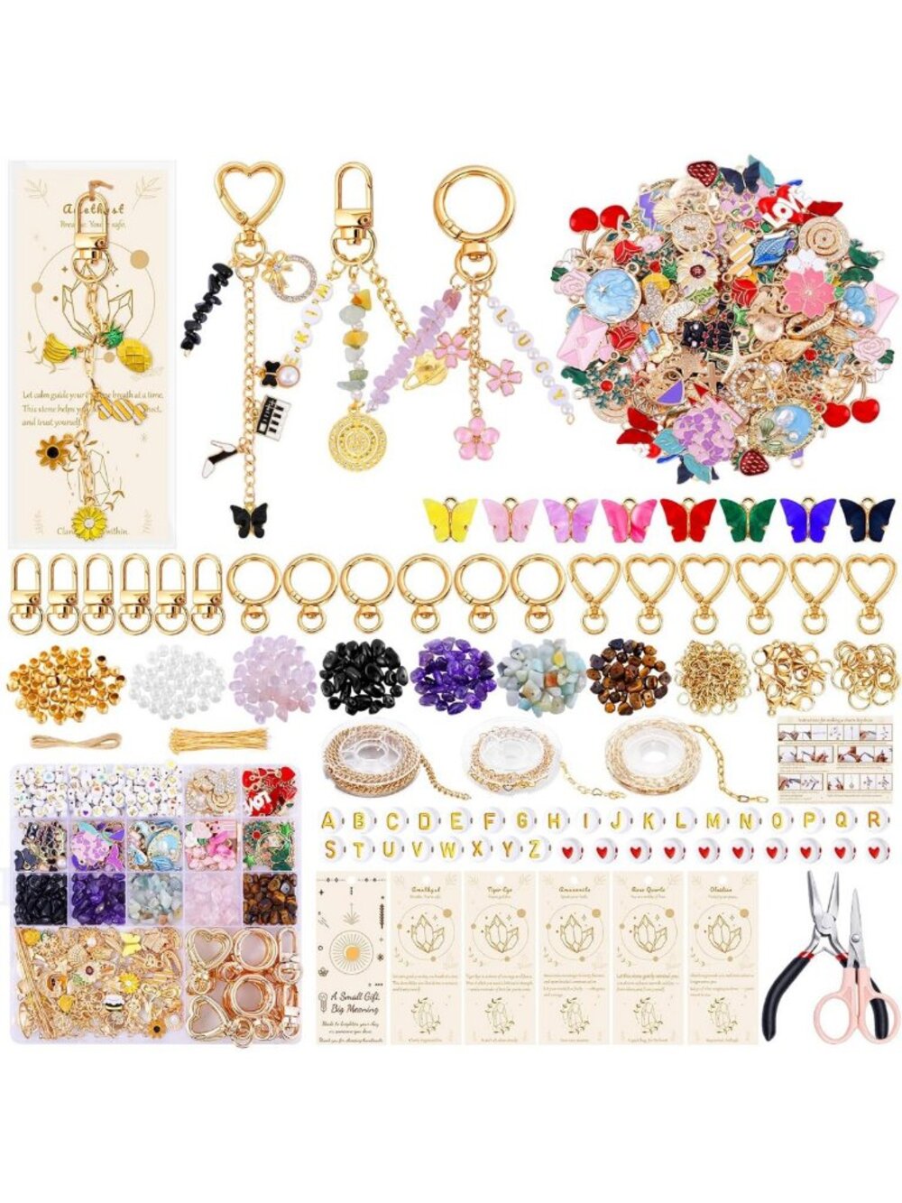 907 Pcs DIY Lip Gloss Keychain Kit - Sparkly Bag Charm with Crystal Stones